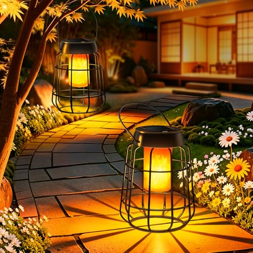 2 Stück Solarlaternen mit Echtem Flammeneffekt für Außen – IP65 Wasserfeste Solarlampen für Garten, Balkon, Terrasse und Hof mit Automatischem Dämmerungssensor, Garten Deko, Ohne Ständer und Haken