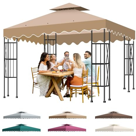 Toldo Pergola 3x3 m, 2 Niveles Techo de Repuesto para Cenador con Ventilación y 12 Orificios de Drenaje, Impermeable Anti-UV Cubierta Amovible para Barbacoa, Bodas, Fiestas y Camping (Caqui)