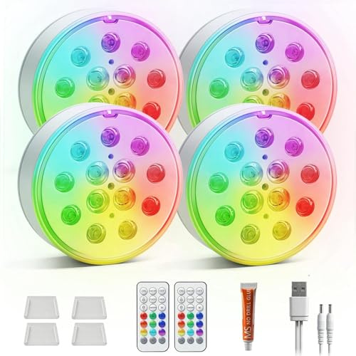 4 lámparas LED sumergibles recargables, 16 colores, IP68 impermeables RGB | Luz Piscina con control remoto, USB Iluminación Piscina LED Luces para Piscina por encima del Suelo/Estanque/Bañera/Acuario