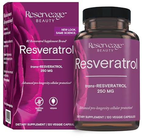 Reserveage Beauty Resveratrol 250 mg - Best Trans-Resveratrol - Vegan Antioxidant Supplement for Cellular & Heart Health - Aids Healthy Aging & Immune Health - 120 Capsules