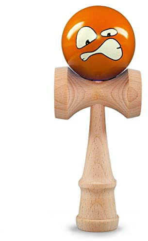 Ganzoo Kendama aus Buchen-Holz, Original Japanisches Traditionelles Holz-Sportgerät mit Kugel, Schnur und Fangteller für Geschicklichkeit/Balancing, Geschenk-Idee, Orange mit Gesicht Angry