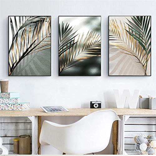 Nordic Ideas Set de 3 Affiches Palmier Dore Plante Feuille Verte Poster Murale 40x50 Salon Decoration Peintures sur Toile Tableau Murale Chambre sans Cadre PTOF002-L