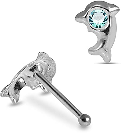 Monster Piercing Delphin hellblaue Crystal Stein Top 22 Gauge 925 Sterling Silber Nase Knochen Stud Piercing