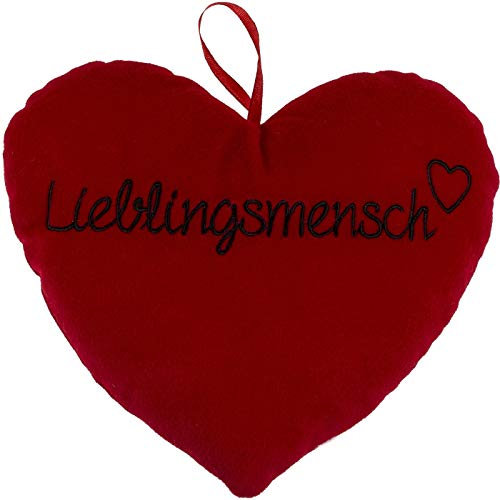 l'amour Plüschherz Rot mit aufgestickter Schrift »Lieblingsmensch« kuscheliges Herz-Kissen 26x23cm weiches Plüsch 100% Polyester tolles Geschenk für Deine/deinen Liebsten (Rot/Schwarz)