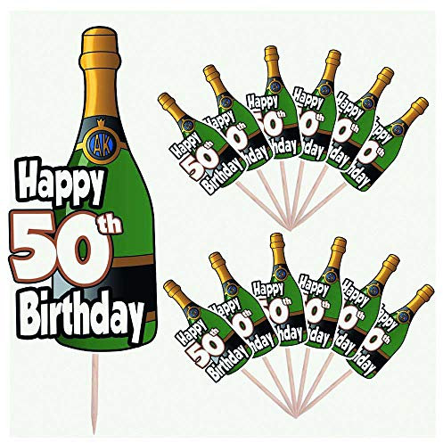 AK Giftshop Celebration 50th Birthday Champagne Bottle Party Food Cake Cupcakes Picks Sticks Decorations Toppers Stand Up Food Flags
