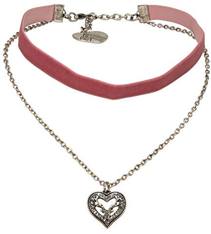 Alpenflüstern Trachten-Samt-Kropfband Trachtenherz-Kette Hirsch - nostalgische Trachtenkette enganliegend, Kropfkette elastisch, Damen-Trachtenschmuck, Samtkropfband schmal rosa-rosé DHK267