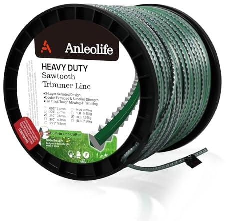 A Anleolife 1,4 kg Schwerlast-Sägezahn, 140 mm x 100 m, Doppelkern-Saitenspule mit Wellenschliff, für Rasenmäher mit integriertem Schnurschneider