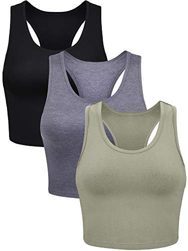 3 Stück Damen Baumwolle Basic Ärmellos Racerback Crop Tank Top Sport Crop Top für Tägliche Tragen (Schwarz, Dunkelgrau, Oliv, M)