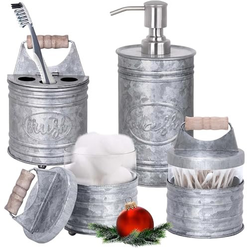 Autumn Alley Rustic Bathroom Accessories Set 4 - Galvanized Farmhouse Soap Dispenser, Rustic Toothbrush Holder, 2 Apothecary Jars Qtip Holder - Rustic Bathroom Decor – Farmhouse Bathroom Accessories