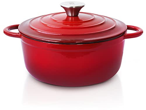 Trustmade Schmortopf aus Gusseisen, emaillierter Kochgeschirr-Topf mit selbstbefüllendem Deckel zum Backen, Schmoren, Kochen, Rot, 3 l
