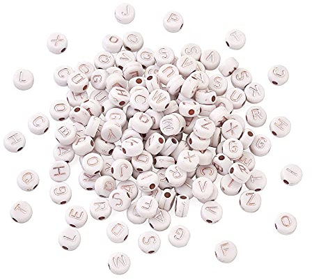 Beadthoven 146pcs White Acrylic Alphabet Beads Rose Gold Flat Round A-Z Letter Loose Spacer Beads 7x4mm for Jewelry Craft Making