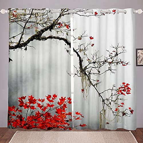 Tende in bianco e nero con stampa di pannelli per finestre in stile asiatico giapponese con rami di albero con foglie rosse Set di tende per finestra W66 x L90 drappeggi per camera da letto cucina