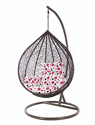 KIDEO Korbsessel: großer Hängesessel mit Gestell & Kissen, XXL, Korbsessel, Poly-Rattan, (Korb & Gestell: Dunkelbraun, Kissen: Punktmuster Nest (1039_spotondote))