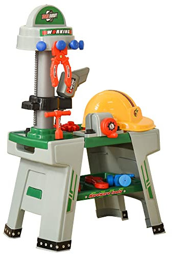 HOMCOM Kinder Werkbank mit Werkzeug Arbeitstisch Werkbanktisch mit 37 Zubehören Rollenspiel Spielzeug für Kinder ab 3 Jahren PP-Kunststoff Grün+Grau 44 x 26 x 71 cm