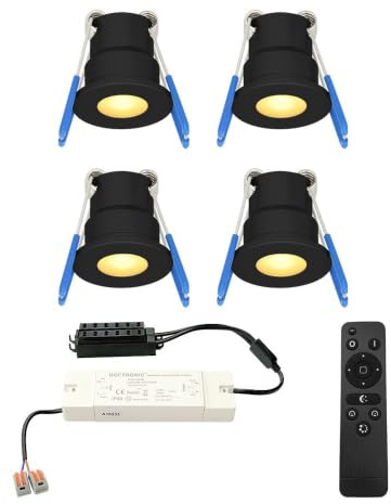 HOFTRONIC - Einbaustrahler Schwarz Feuchtraum Badezimmer 12V Terrassenüberdachung IP65 Wasserdicht | 4x3W 200 Lumen Warmweiß lichtfarbe Dimmbar RF-Fernbedienung. 3W Mini LED Einbaustrahler Flach 35mm