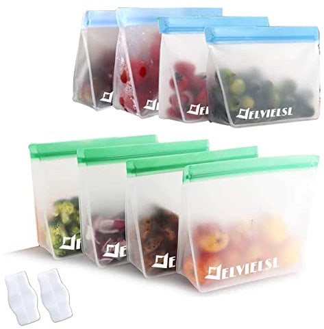 Elvielsl 8 Pack Reusable Food Storage Bags PEVA Reusable Freezer Bags Sandwich Bag Snack Bag BPA Free Ziplock Leakproof for Food Travel Home Freezer Organization