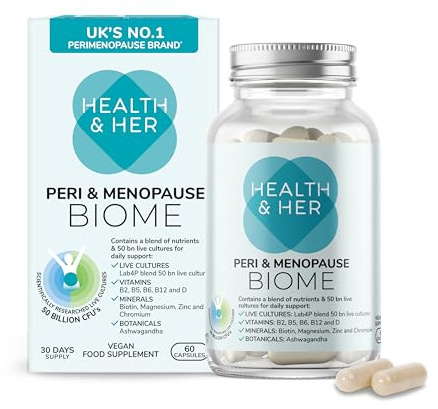 Health & Her Perimenopause & Menopause Biome Supplement, 30 Day Supply | Daily supplement with 50 billion live cultures & Ashwagandha; Vegan, gluten-free; 60 capsules