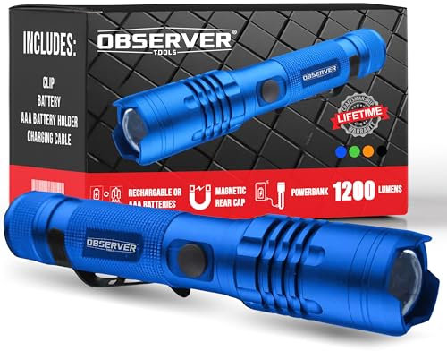 Observer Tools High Lumen Utility Flashlight, Rear Magnet, LED, Rechargeable, Powerbank for Phone, AAA Adapter - Tactical, Military, Police, 1200 Super Bright Lumens