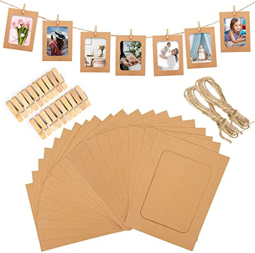 jijAcraft 11.5 x 15.5cm Papier Fotogirlande Braun: 20 Stück Papier Bilderrahmen zum Basteln Fotogirlande Geburtstag mit Holzfotoklammern und Juteschnur