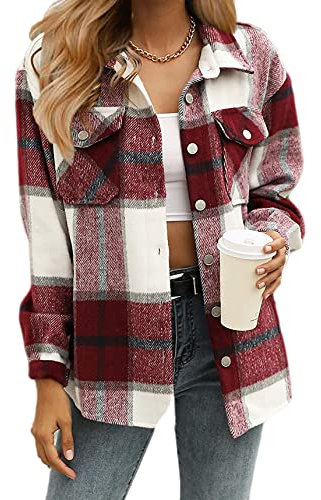 Timuspo Women's Flannel Plaid Shacket, Long Sleeve Cotton Checked Shirt, Button Down Casual Check Jacket Chequered Blouse Tops Burgundy