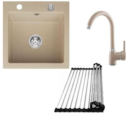 Faizee Möbel Granitspüle 48x50 Hochwertig beidseitig Montierbar Küchenspüle Granit inkl.Siphon Set (Mit Armatur & Abtropfgitter, Beige)