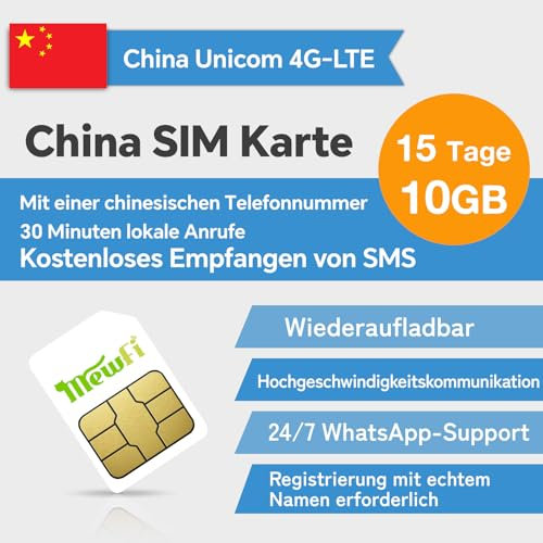 China SIM-Karte 15 Tage 10GB, Aktivierung erforderlich, 4G High-Speed-Kommunikationsnetz, 30 Minuten Gespräch, no Texte, Festland China SIM-Karte