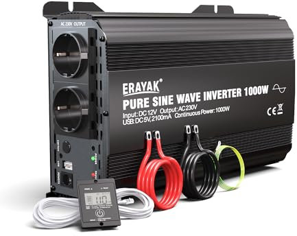 ERAYAK Inversor 12v 230v Onda Pura 1000W/2000W Convertidor de Corriente Conversor 12v a 220v Transformador con Control Remoto para Coche Camion (DSU1000)