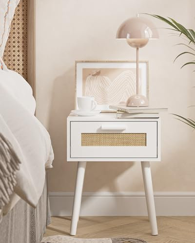 HEYZOEY Nachttisch Rattan, Beistelltisch mit Schublade, Nachtkommode mit Holz Beine für Schlafzimmer, Wohnzimmer, Natur Eiche,Gelb (weiß)