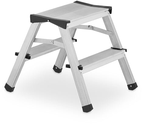 Relaxdays Trittleiter klappbar, 2 Stufen, Treppenleiter Aluminium, Leiter bis 125 kg, H x B x T: 38 x 39 x 46 cm, Silber