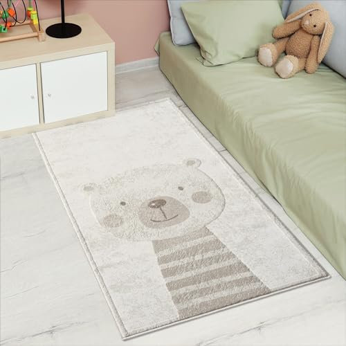 Kinderteppich Creme, Beige - 80x150 cm - Tier-Motiv Teddy-Bär - Kurzflor Teppiche Kinderzimmer, Spielzimmer