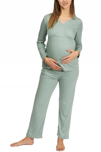 Womum Pyjama Aallaitement à Ouverture Facile pour l'allaitement, Pyjama Grossesse et Maternité Doux, Élastique et Respirant pour Un Maximum de Confort, Idéal pour des Nuits Confortables (XL, Verde)