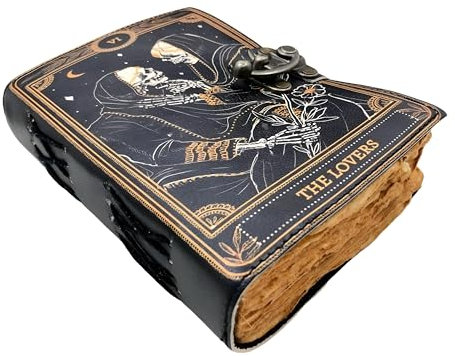 Book of Spells Leather Journal Deckle Edge Paper Grimoire Printed Journal The Lovers Tarot Notebook Spiral Gothic Notebook Skull lover Antique Vintage Leather Journals for Men and Women