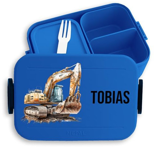 Kinder Bento Box Midi Lunchbox für Mepal Bentobox - Bagger Baufahrzeug Baustelle Baustellenfahrzeug - 900 ml - Blau - baustellen brotdose personalisierte brotdosen baustellenfahrzeuge name