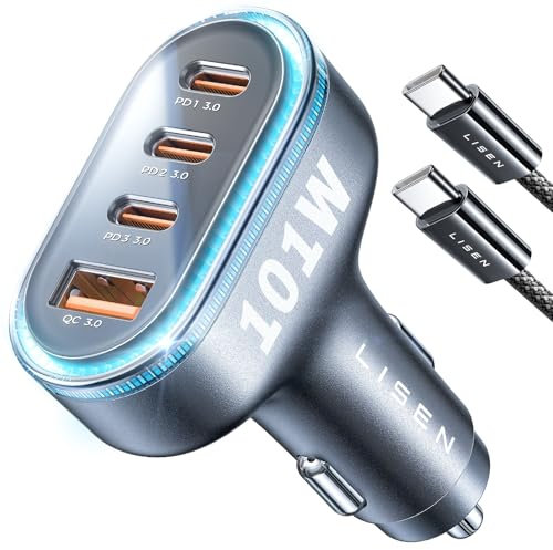 LISEN 101W USB C Car Charger 4 Port Cigarette Lighter Car USB Charger Multi Port with Cable Super Fast Charging Adapter PD3.0&QC3.0, Compatible with iPhone 16 Pro Max 15 14 Samsung S24 iPad
