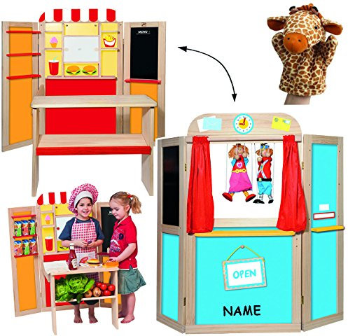 alles-meine.de GmbH 2 in 1 - Kaufmannsladen & Kasperletheater - inkl. Name - Kaufladen - Theater - Kaspertheater Kombination Shop - Theater Holz Kasperltheater umbaubar Kinderkau..