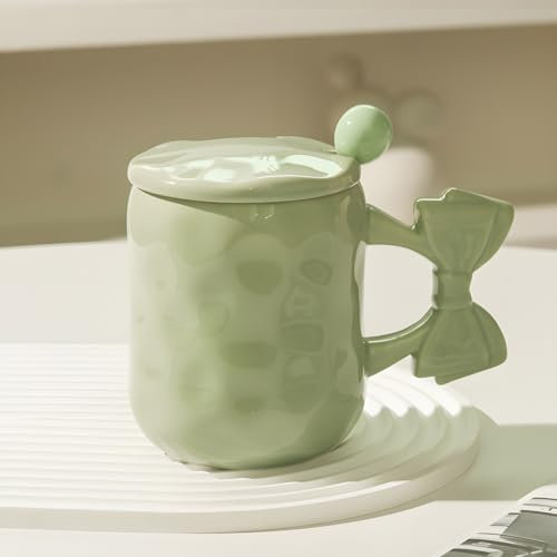 Tazza in Ceramica con Fiocco da 450 Ml,Tazza da Colazione per Coppia di Caffè,Tazza da Caffè Color Macaron, Lavabile in Lavastoviglie e Adatta Almicroonde,Adatta per Caffè,Latte Macchiato (Verde)