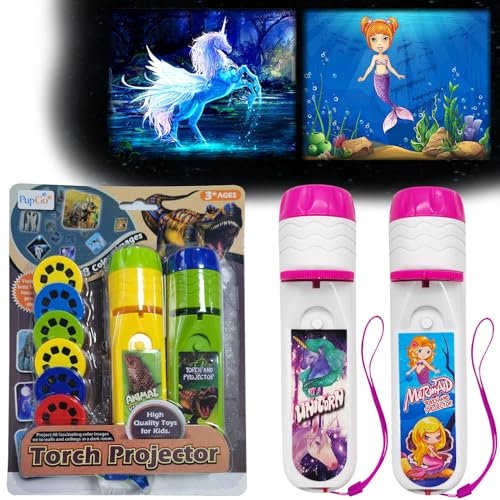 Pup Go 2-Pack Mermaid & Unicorn Torch and Projector with 6 Discs and 48 Images, Fairy Unicorn Toy for Girls, Pink Kids Torch, Educational Science Kits for Toddlers and Children Ages 3 4 5 6 7 Year Old