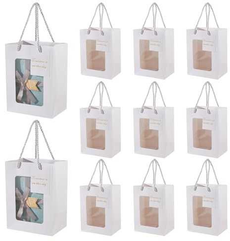 NBEADS 12 Pz Sacchetti Regalo con Finestra Trasparenti, 15x10x20cm Sacchetti di Carta Kraft Borse con Manico Sacchetti Regalo con Biglietti per Natale La Confezione di Regali di Matrimonio, Bianco