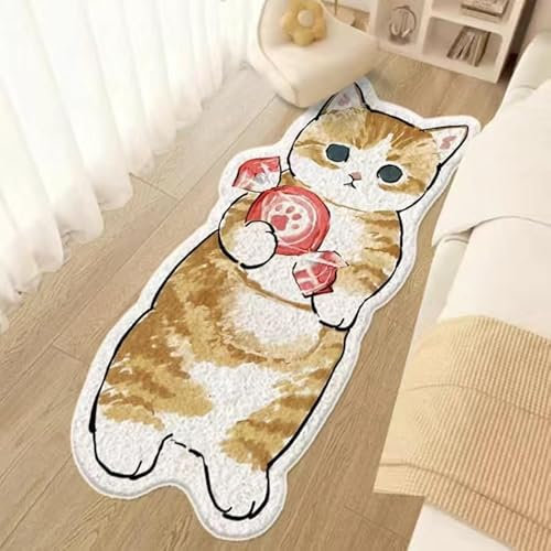 POPUPWAVE Teppich Waschbar für Schlafzimmer 40 x 120 cm, Niedlicher und lustiger Kinder-Teppich, modern, Bedruckt, weiß, unregelmäßige Form für Eingangsbereich(DREI Hunde) (Bonbon-Katze)