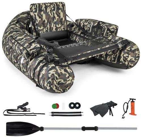 GYMAX Schlauchboot zum Angeln, aufblasbares Paddelboot mit Rutenhalter & verstellbaren Rucksackriemen, Bellyboot mit Fischlineal, Belly Boat, Angelboot mit Flossen, Ruder & Pumpe