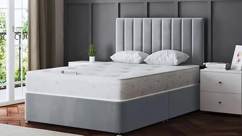 CALISMA Designer Gio Damask Memory Spring Foam Divan Bed Set With Mattress, 2 Drawers (Same Side) and Headboard (Silver, 4FT Small Double)