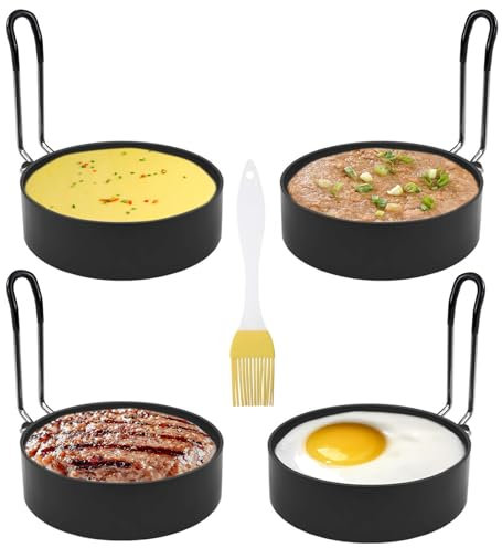 4 Stück Spiegeleiform Edelstahl Ei Ring, 3,5 Zoll Bratpfanne Egg Ring, Antihaft Pancake Form Egg Ring mit Klappgriffen,mit Silikon Pinse, für Spiegeleier, Sandwiches, Pfannkuchen form für Hackbraten