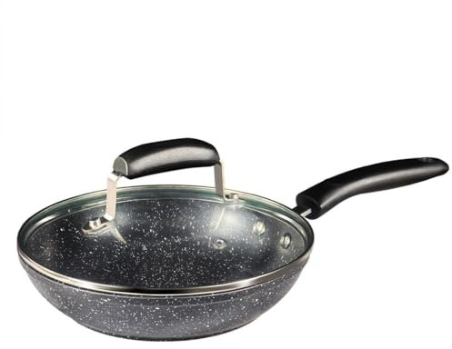 Quality Beddings 30 CM Non Stick Frying Pan with Lid - Black Granite Marble Coated Pan for Gas & Electric Hob