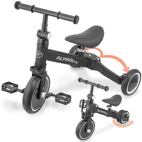 ALMAR Baby Dreirad, 3-in-1, Schwarz, Kinderfahrrad, Laufrad, Fahrrad mit Pedalen, Babyrad von 18 Monaten bis 5 Jahren, 25 kg, verstellbarer Sitz