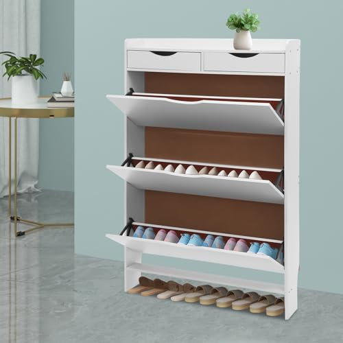 Levkitch Schuhschrank weiß mit 3 Klappen Schuhkipper mit 3 Flip-Schublade Schuhregal Schmal mit 2 klein Aufbewahrung Schuhkommode für den Eingang, Flur, Wohnzimmer 80 * 17 * 125cm