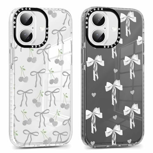 Phoona 2 packs Phone Case for iPhone 16 Plus 6,7'', Cute Clear Transparent Cover with Bow Cherries Pattern Aesthetics Design, Soft Shockproof Protective Slim Funda for Women Girls