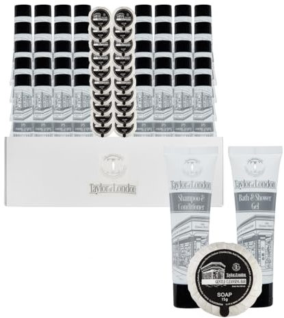 Taylor of London Articles de toilette pour hôtel | Gel douche 20 x 30 ml, tube de shampooing et après-shampoing de 20 x 30 ml, savon plissé en tissu de 20 x 15 g | Idéal pour les hôtels, Airbnb,