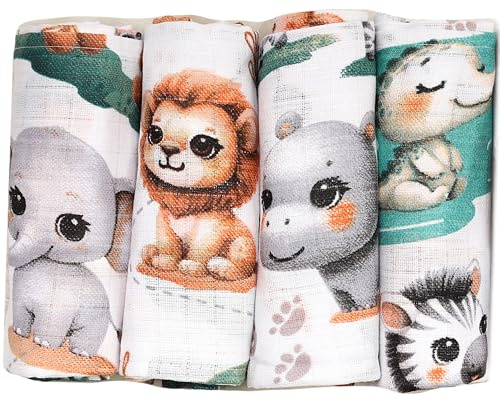FENSILO Mulltücher Baby 70x80 Baumwolle - Spucktücher Baby weich saugstark - Musselin Mulltücher Bedruckt - Stoffwindeln waschbar - 4er Set Mullwindeln für Junge Mädchen