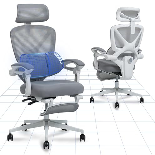 FLEXISPOT OC4 Chaise Bureau, Appui-tête 3D, Chaise Ergonomique en Maille Pivotante Réglable en Hauteur ave Auto-accoudoirs et Soutien Lombaire Indépendant en C, Gris