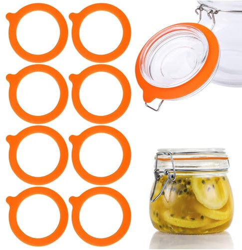Silicone Jar Gaskets Seals Replacement, 8 Pcs Standard Rubber Airtight Seal Rings Gasket for Mason Storage Jars Glass Cans (Orange)
